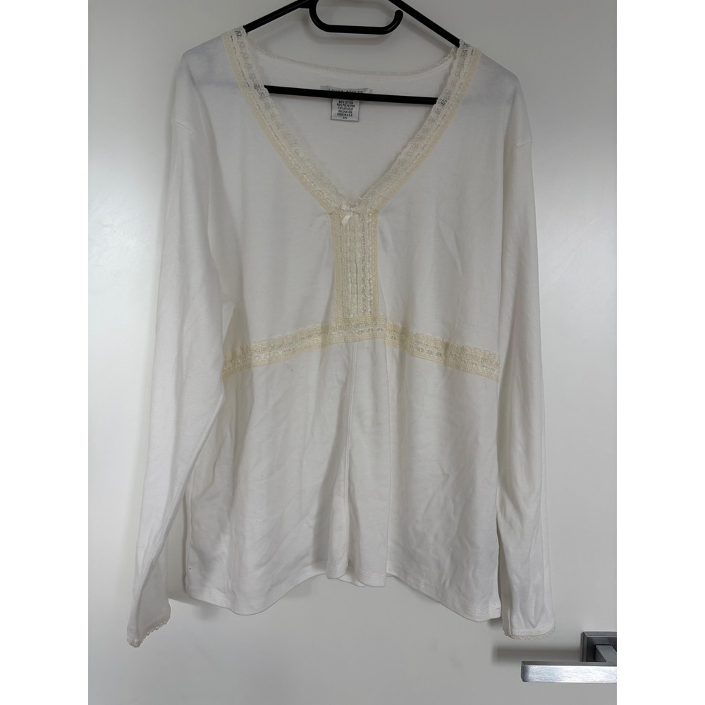 Laura Ashley Womens XL White Lace Trim‎ V-Neck Long Sleeve Top Cotton Blend Bow